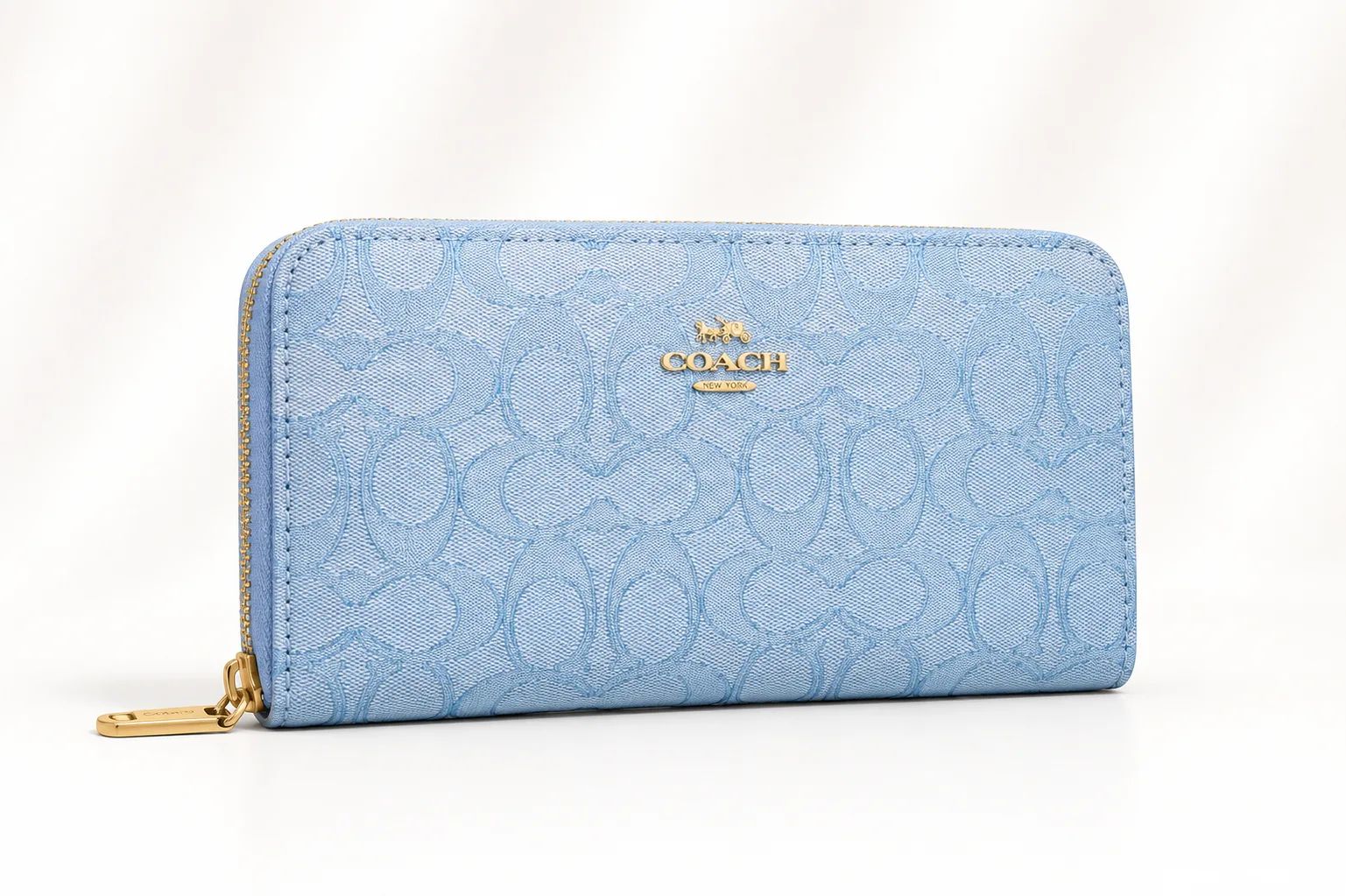 Coach Long Zip Around Wallet in Signature Canvas & Jacquard in Light blue