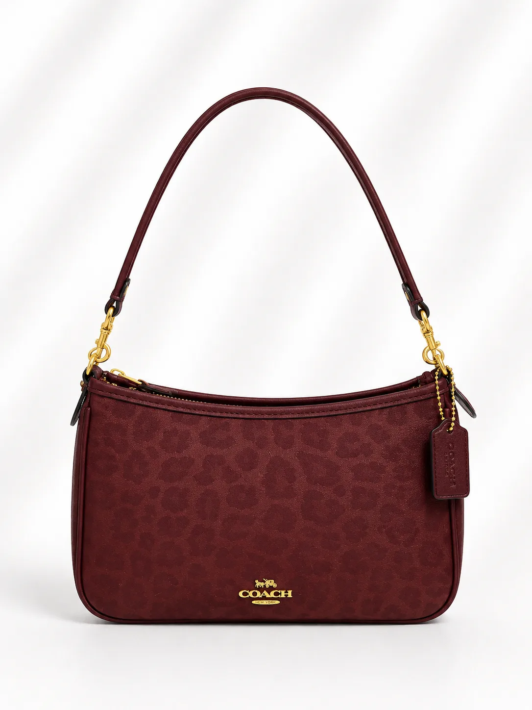 Coach Leopard Top-Handle Pochette with Charm Chain in Wine/Burgundy leopard print