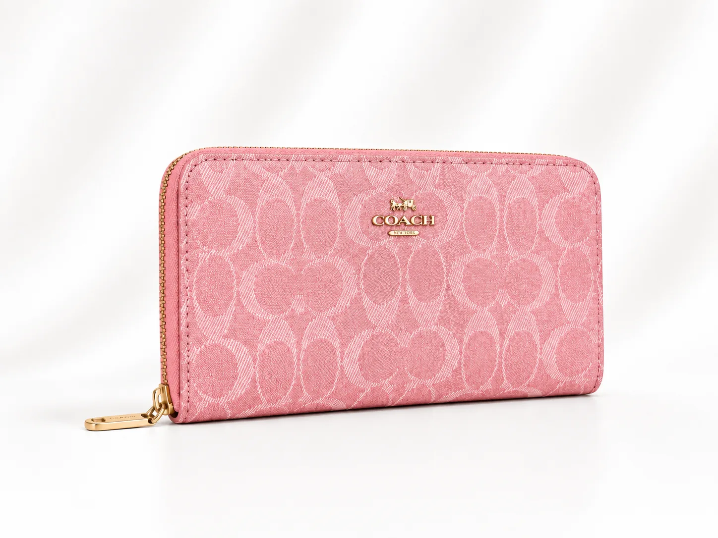 Coach Long Zip Around Wallet in Signature Canvas & Jacquard in Pink tonal