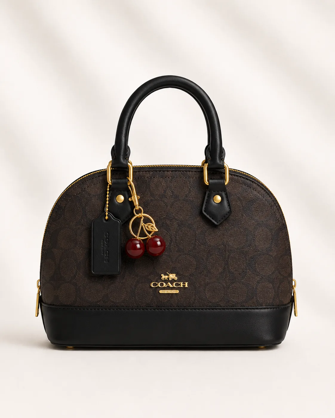 Coach Mini Sierra Satchel in Signature Canvas with Cherry Charm in Brown/Black with cherry charm