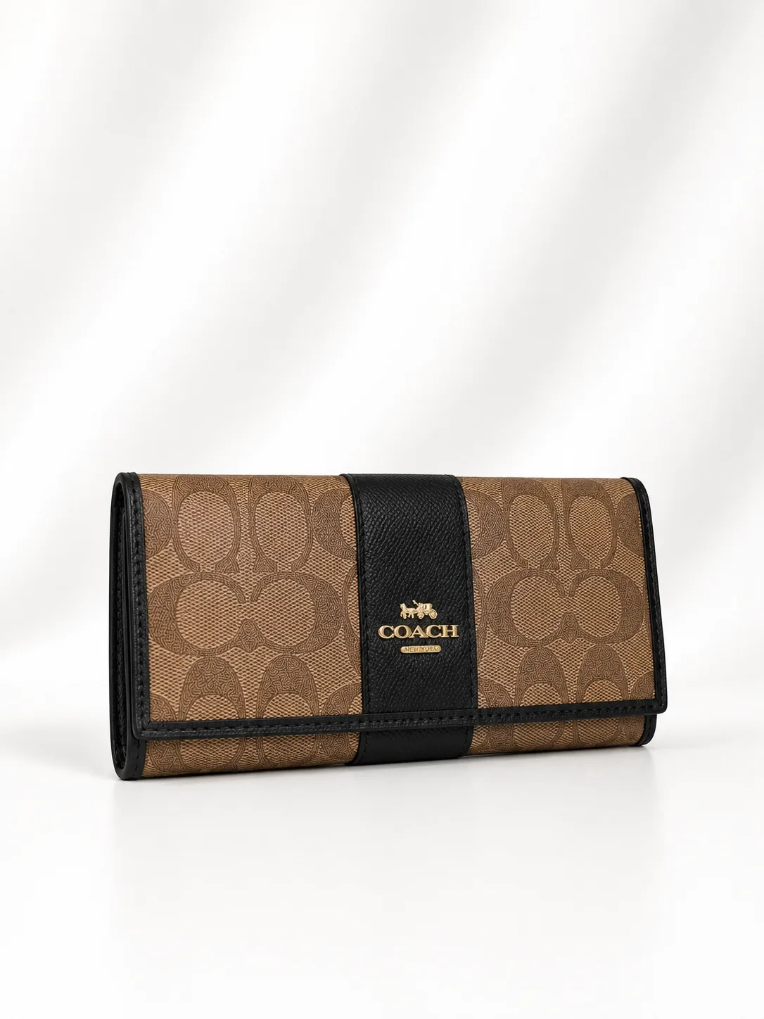 Coach Slim Trifold Wallet in Signature Canvas in Khaki/Black
