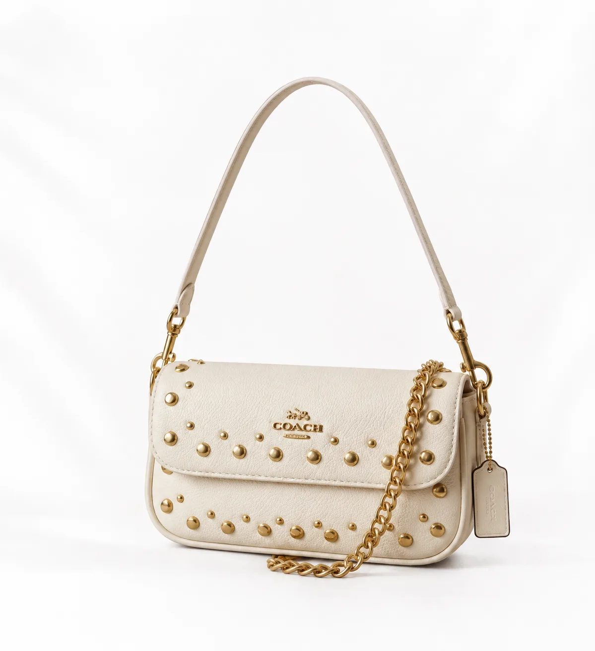 Coach Studded Flap Crossbody in Chalk/Ivory with brass rivets
