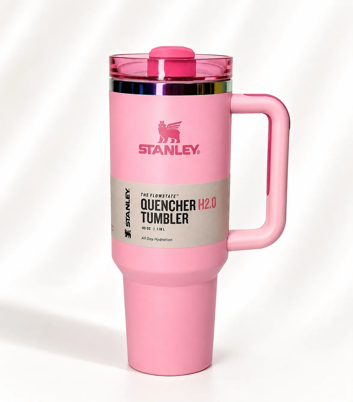 Stanley Quencher H2.0 FlowState Tumbler 40 oz in Pink with iridescent band