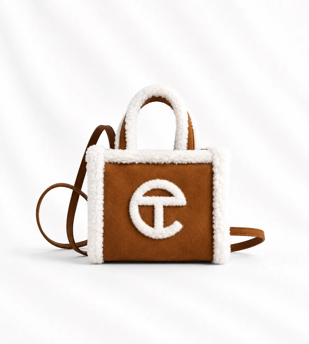 UGG x Telfar Small Shopper in Chestnut suede with white sherpa trim